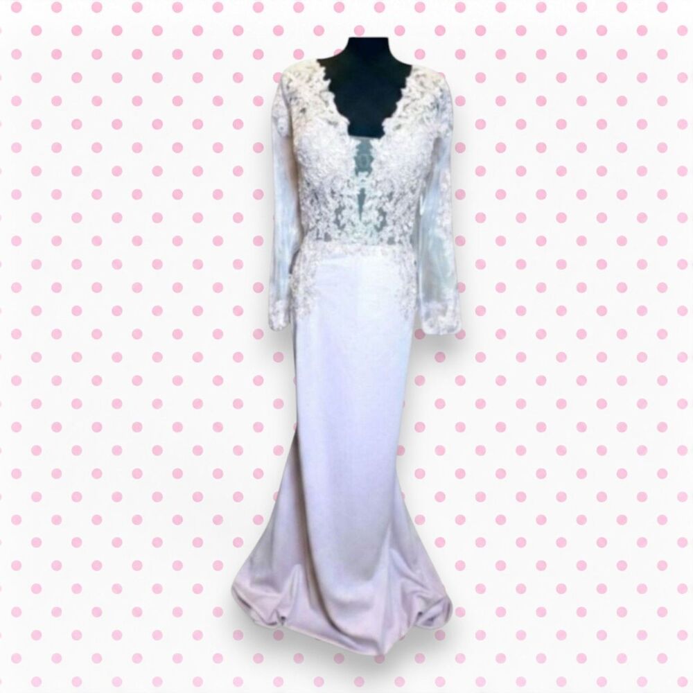 Elegant Pink Long Sleeve Lace Wedding Dress Size 14